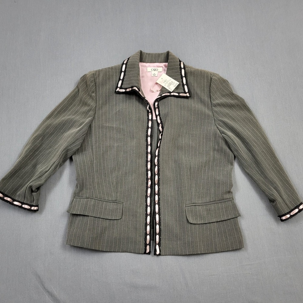 Cato Womens Gray Pinstripe‎ Blazer Pink Ribbon Lace Trim 3/4 Sleeve Size 12